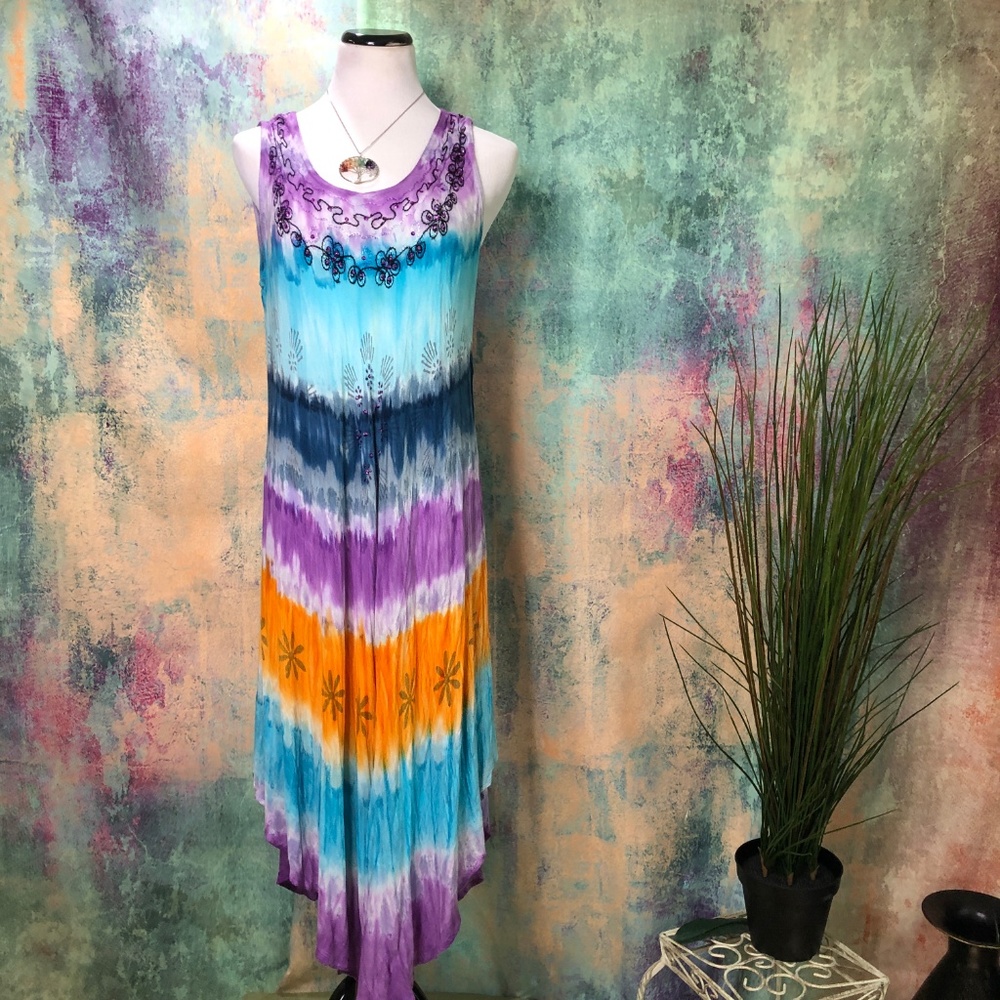📌Shoreline Handkerchief Relaxed Fit One Size Tie Dye Tank Dress - Picture 6 of 16
